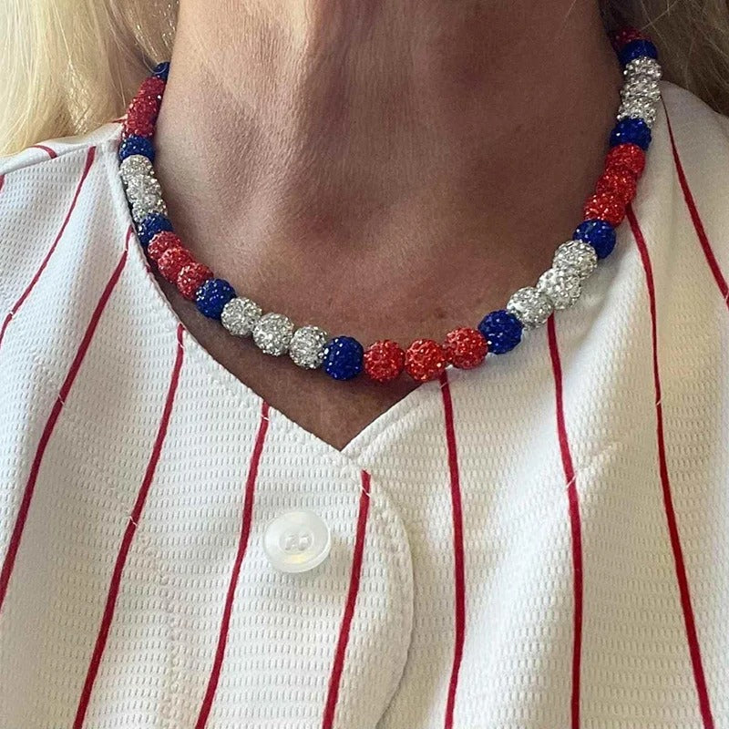 Silver | Beaded Bling Necklace for Baseball - Rhinestone Ball Beaded Necklace