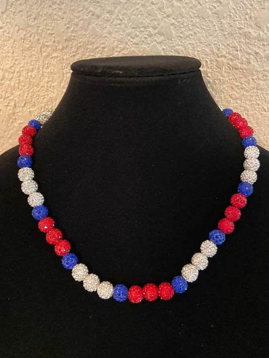 RED WHITE & BLUE Beaded Bling Necklace for Baseball - Rhinestone Ball Beaded Necklace