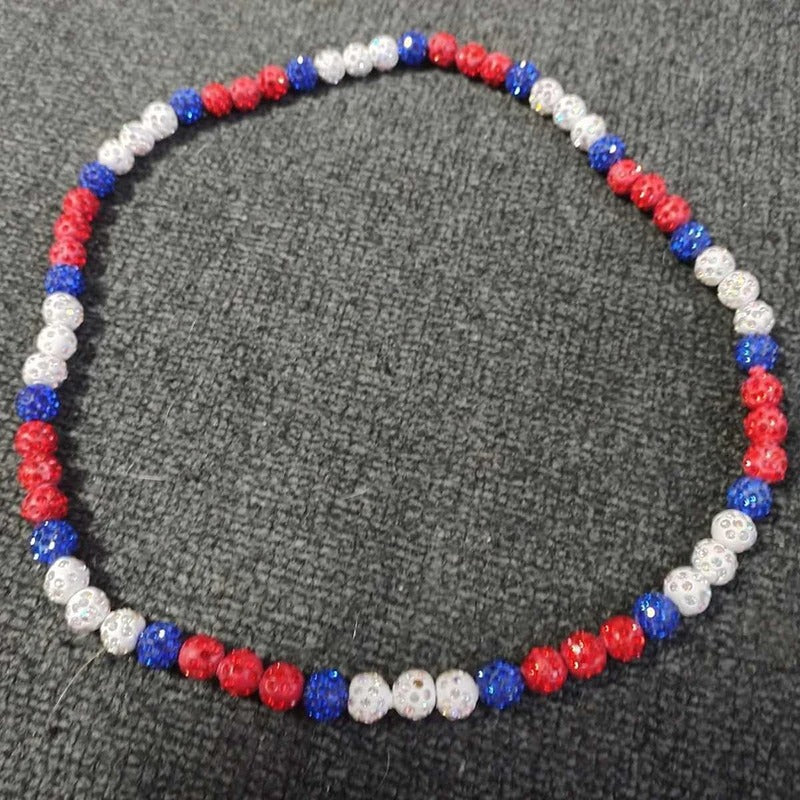 RED WHITE & BLUE Beaded Bling Necklace for Baseball - Rhinestone Ball Beaded Necklace