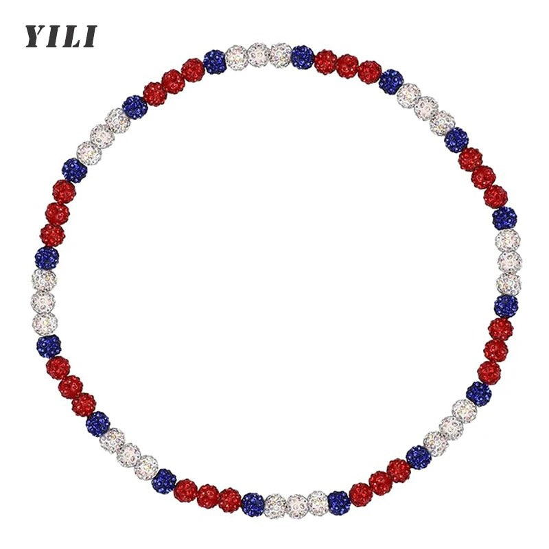 RED WHITE & BLUE Beaded Bling Necklace for Baseball - Rhinestone Ball Beaded Necklace